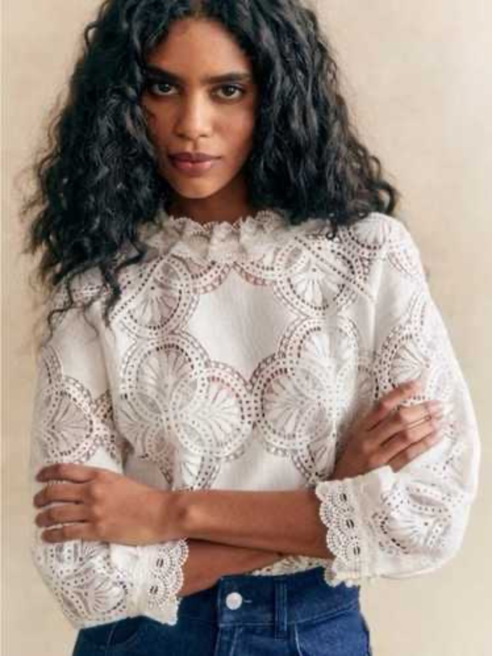 Sézane White Lace Blouse Size 38 | Romantic Cotton Eyelet Top